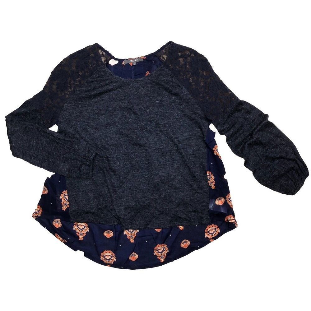 Miss Me Sweater S Navy Sheer Lace Shoulders High-low Floral Boho Mixed Media - Picture 3 of 11